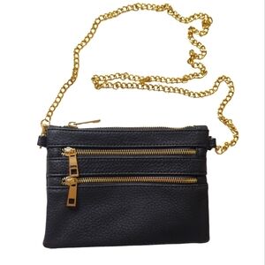 Faux Leather Sling Crossbody Bag Black Gold Tone Hardware